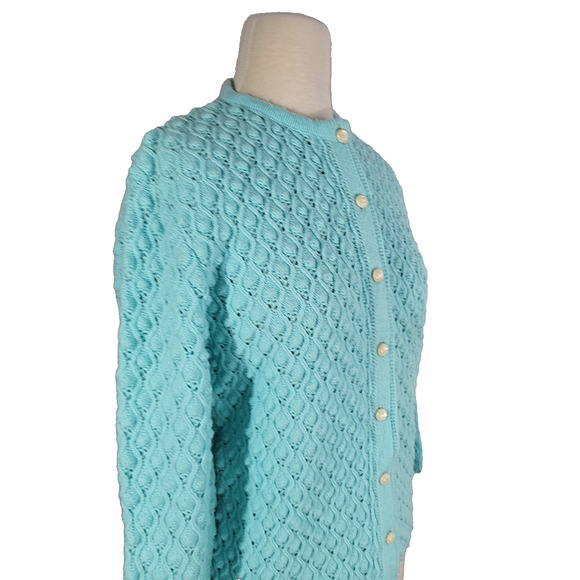 VTG‎ Cuddle Knit Cardigan Sweater M Blue Nubby 60s Cottage Coquette Rockabilly - Picture 2 of 12